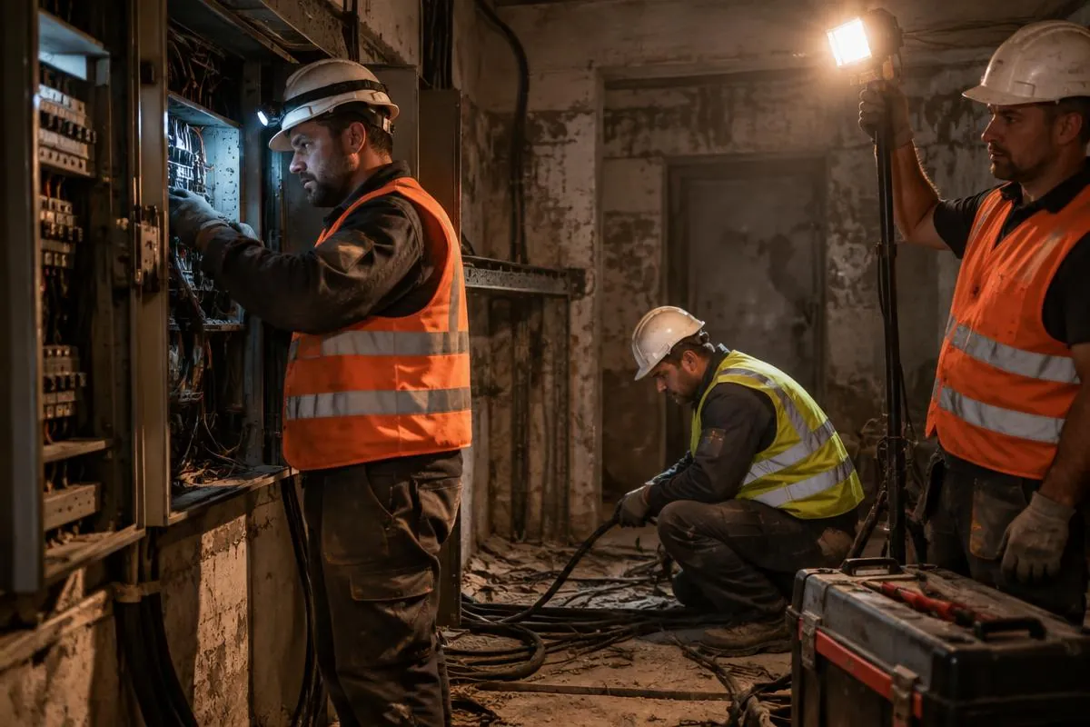 Elektrikári v ochranných vestách pracujú s čelovkami v úzkom technickom priestore a navádzajú kábel do rozvádzača